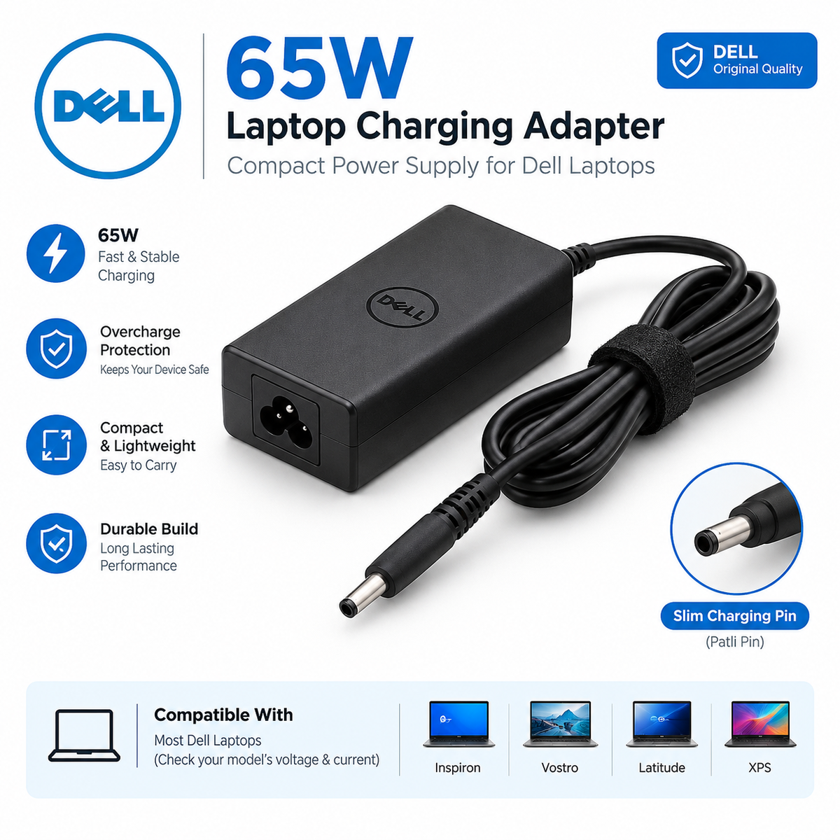 Dell 65W Patli Charging Pin Adapter – Compact Power Supply for Dell Laptops