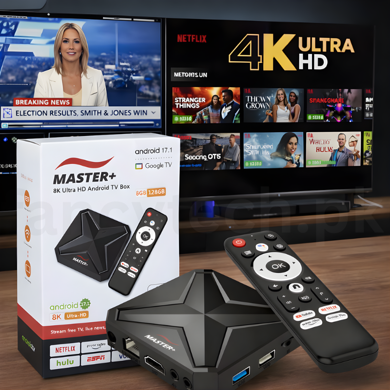 Master+ Android 17.1 TV Box 8K Ultra HD – 8GB RAM 128GB ROM, Netflix Free, 5000+ Free Channels, Voice Control Remote