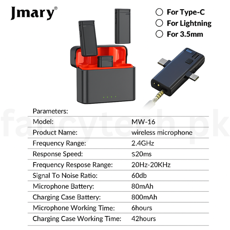 Jmary MW-16 2.4G Wireless Mic, 20m Range, Noise Cancelling, Rechargeable Case