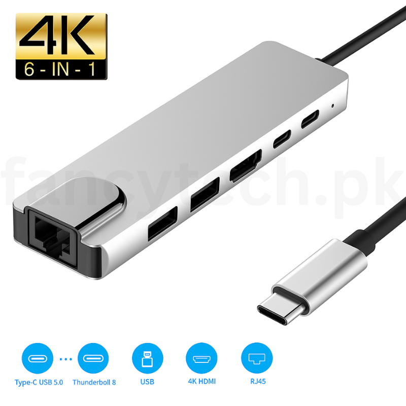 “SpeedX 6-in-1 USB-C Hub, 4K HDMI, Gigabit LAN, 2 USB 2.0, 2 USB-C PD, Black”