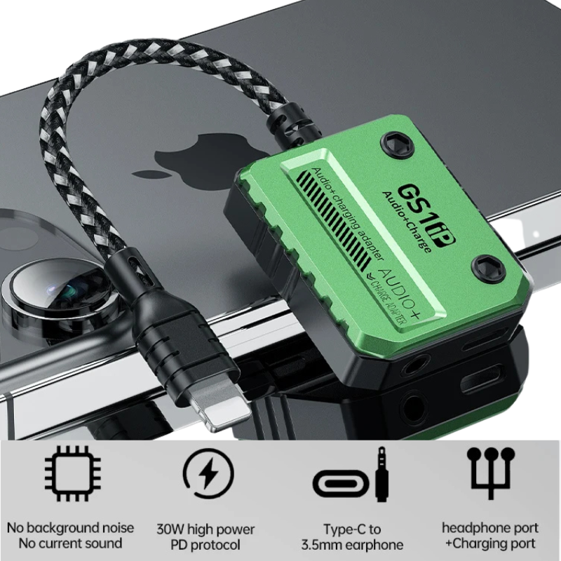 GS1IP Audio + Charge 30W Fast Charge Adapter – Lightning to 3.5mm + Charging Port for iPhone