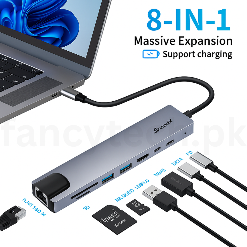 Speed-X 8-in-1 USB-C Hub, 4K HDMI, Gigabit LAN, USB 3.0, USB-C PD, SD/TF