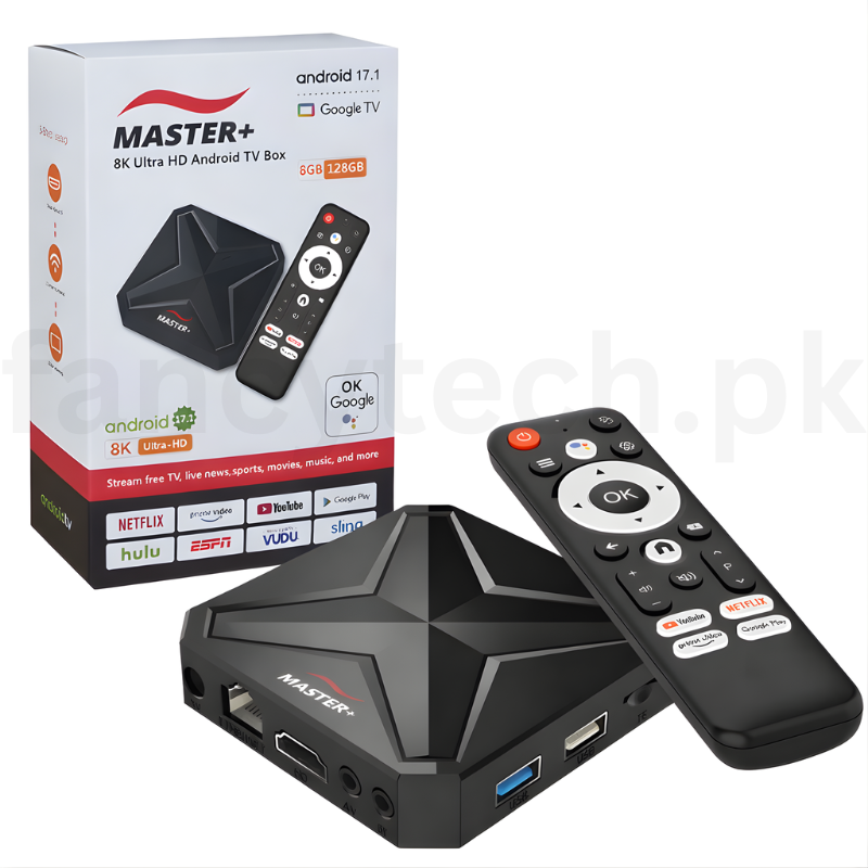 Master+ Android 17.1 TV Box 8K Ultra HD – 8GB RAM 128GB ROM, Netflix Free, 5000+ Free Channels, Voice Control Remote