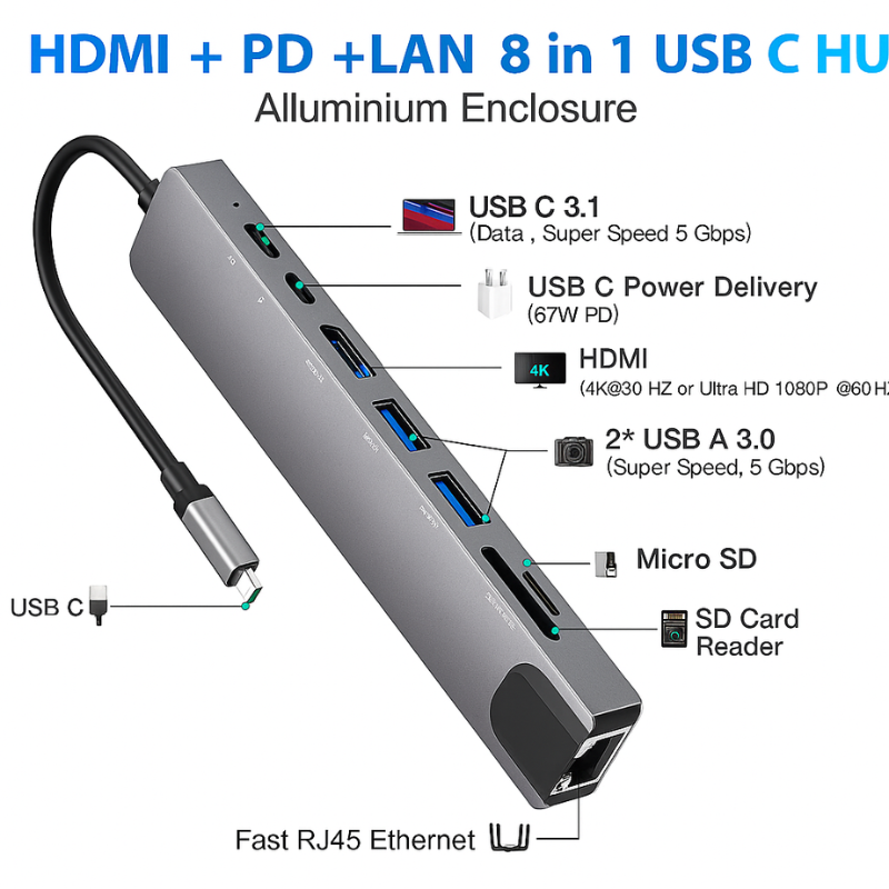 Speed-X 8-in-1 USB-C Hub, 4K HDMI, Gigabit LAN, USB 3.0, USB-C PD, SD/TF