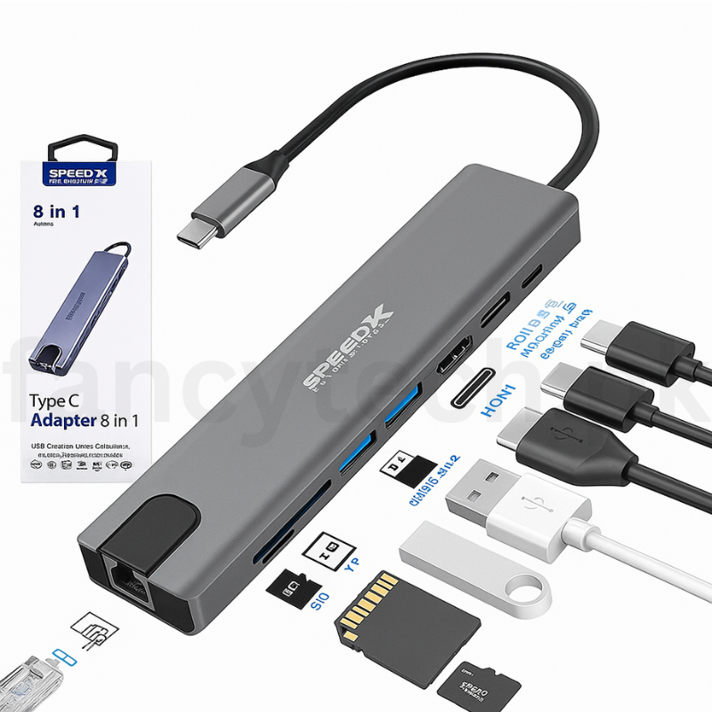 Speed-X 8-in-1 USB-C Hub, 4K HDMI, Gigabit LAN, USB 3.0, USB-C PD, SD/TF